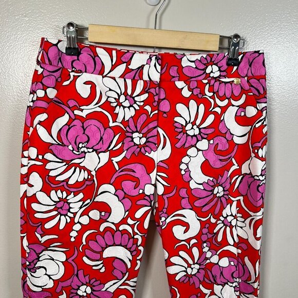 Trina Turk Moss 2 Pants Size 6 Red Pink Floral Tapered Cropped Tropical Preppy - Picture 4 of 10